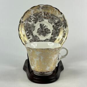 Colclough England Genuine Bone China Teacup Saucer Set Black Gold Floral Pattern